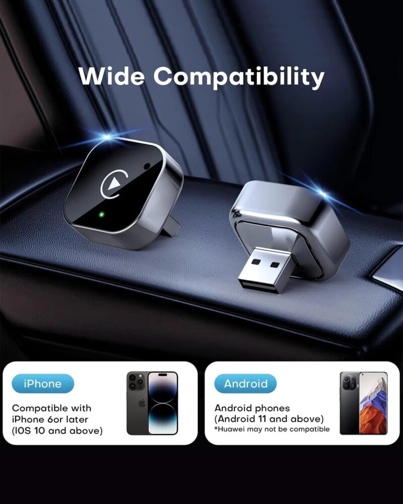 Wireless CarPlay & Android Auto Dongle, Fast Auto-Connect, Compact Plug & Play for iPhone/Android, USB/USB-C, No Delay